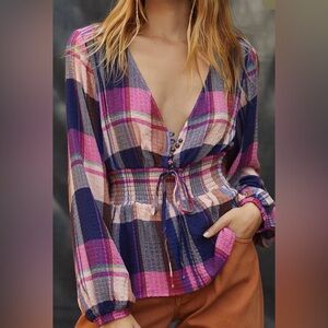 Anthro Pilcro Plaid Smocked Peplum Blouse L Boho Deep V Long Sleeve